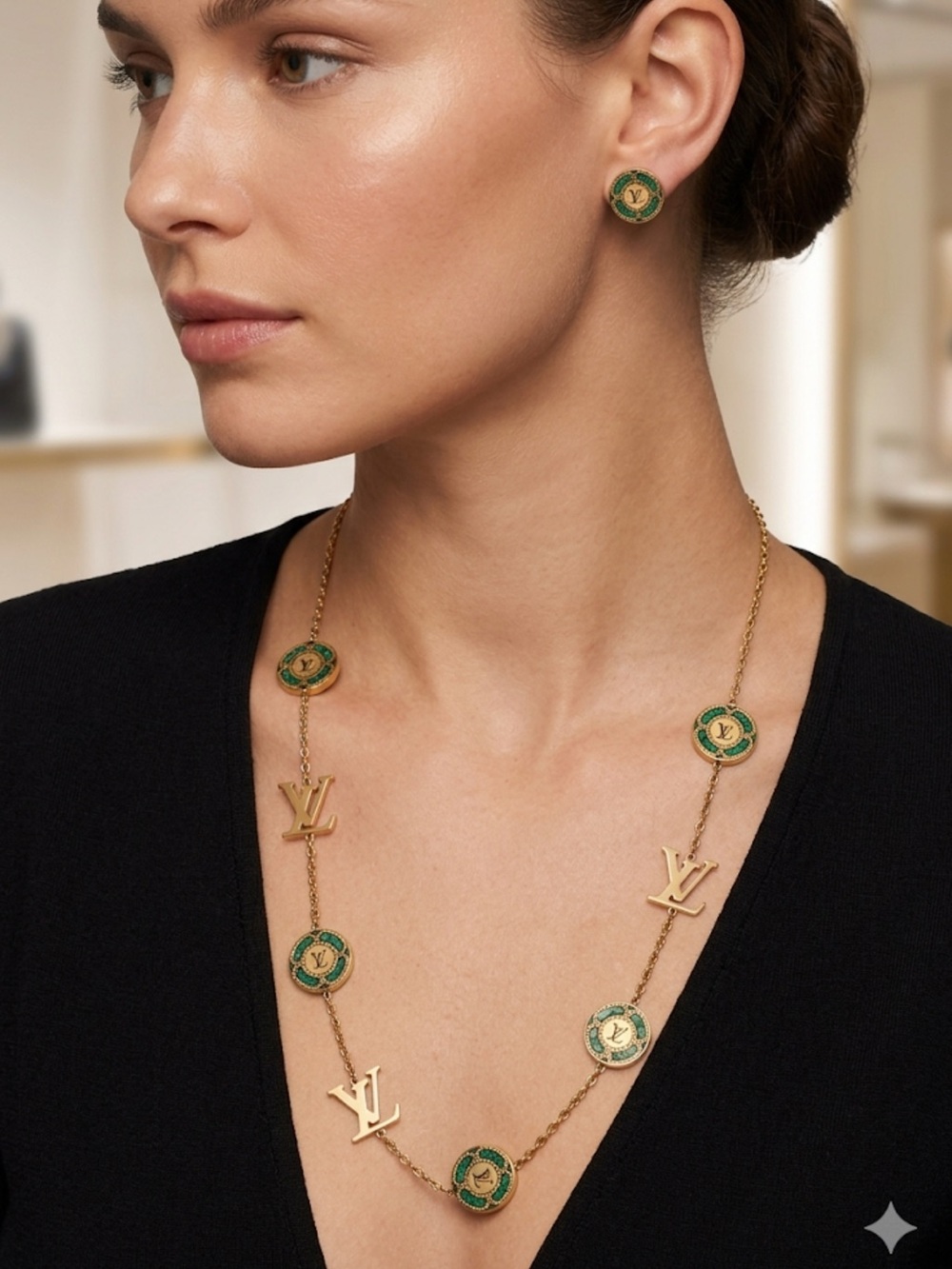 Fashion Jewelry Gold-Tone Logo Medallion Necklace with Green Accents